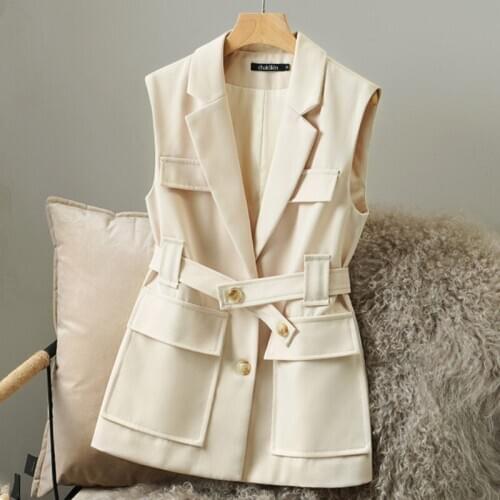 Womens Korean Style Solid Spring Autumn Vest Sleeveless Coat With Belt Elegant Office Ladies Vest Tops Waistcoat Jacket Female