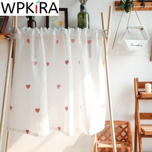 1 PCS Rod Pocket Pink Heart Short Curtain Voile For Kitchen Lovely Embroidered Half-Curtain For Girls Bedroom Coffee Drapes
