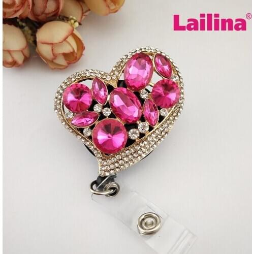 20pcs Fuchsia Crystal Heart Shape Retractable ID Card Holder Pulling Reel Cheap Badge Reels For Nurse