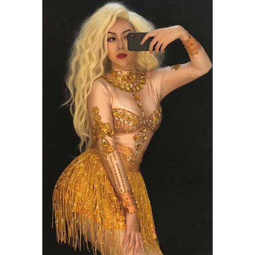 Sparkly Gold Tassel Long Sleeve Short Jumpsuit Nightclub Female Singer Host Model GoGo Dance Performance Costume Wear DJ360