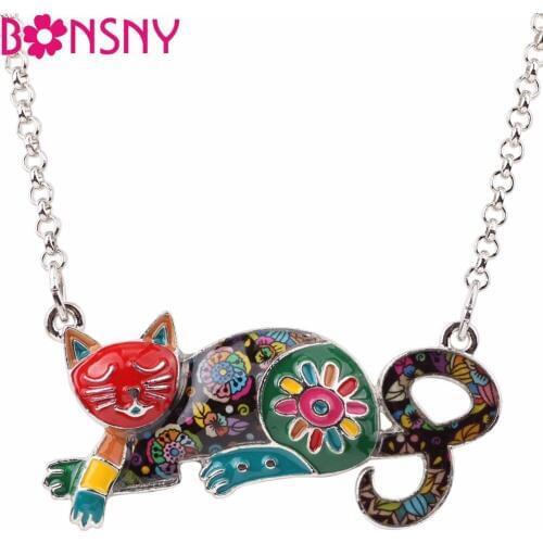 Bonsny Enamel Alloy Lying Cat Kitten Necklace Pendant Chain Collar Fashion Animal Jewelry For Women Girls Pet Lovers Gift Bijoux