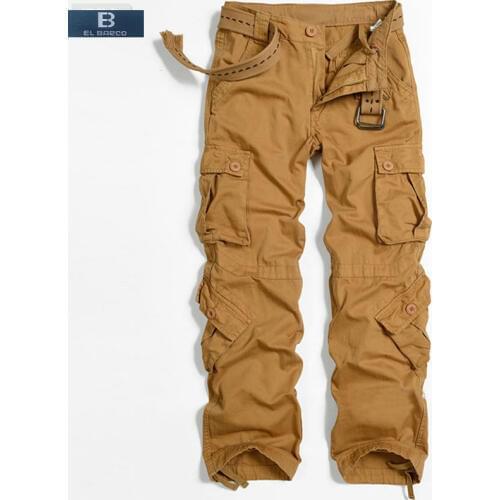 [EL BARCO] New Cotton Men Cargo Pants Autumn Pockets Soft Army Green Yellow Purple Grey Khaki Black Male Casual Trousers Loose