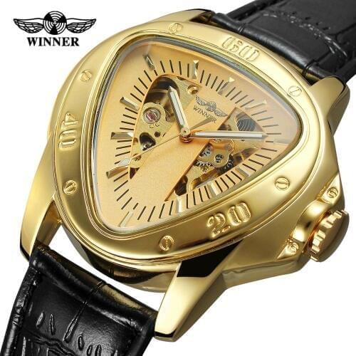 Winner Creative Racing Design Triangle Design Gold Skeleton Dial Mens Watch Top Brand Luxury Automatic Mechanical Watch Clock