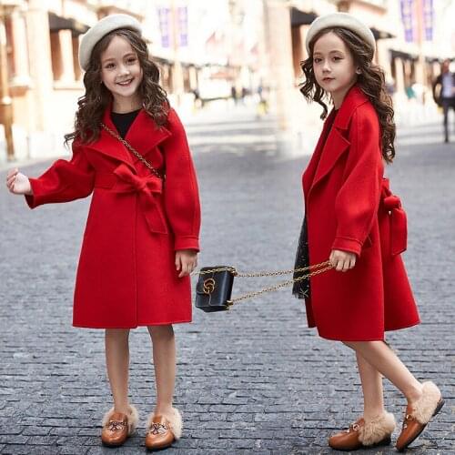 Elegant Red Winter Autumn Woolen Coat Girls Kids Thicken Outerwear Teenage Top Costume Evening Party Childrens Clothing