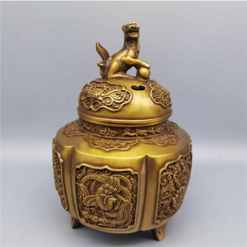 Chinese Antique Collection Brass Lion Four Seasons Incense Burner