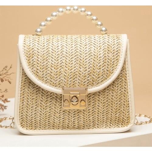 Summer Casual Wild Straw Braid Handbag 2021 Pearl Top Handle Creative Dating Beach Messenger Shoulder Bag with Chain