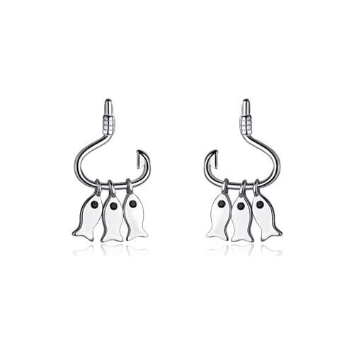 Cute 100% Real. 925 Sterling Silver Fine Jewelry fishhook & Fish ear Stud Earrings Tassel C-G4304
