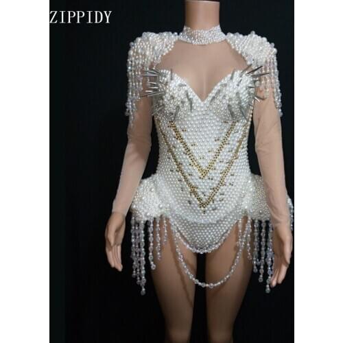 Fashion White Luxurious Crystals Pearls Chains Bodysuit Sexy Tranparent Leotard Costume Party Tassels Costume Nightclub outfit