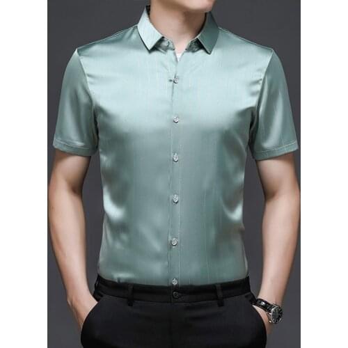 Mens Silk Shirts Summer 2021 Fashion Striped Smooth Soft Clothes Short Sleeve Male Casual Silk Dress Shirts
