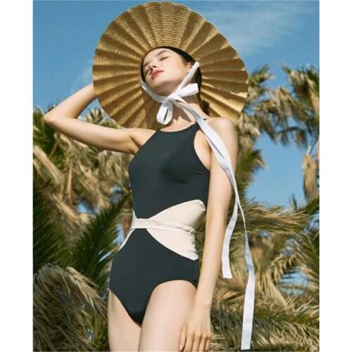 Soft Ribbed Patchwork High Waist Swimsuit Women Sexy High Neck One Piece Swimwear Cut Out Swim Wear Bath Suit 2021 Monokini