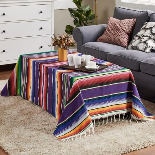 Top Quality INS Mexican Style Table Runner Stripe Shawl Blanket Rainbow Tablecloth Beach Mat with Tassel