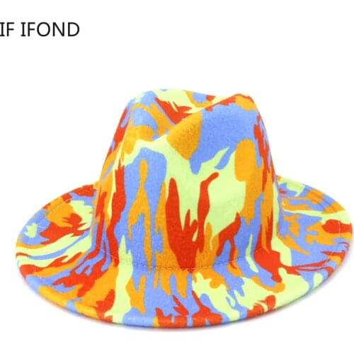 Colorful Graffiti Women Wide Brim Felt Fedora Hat British Style Warm Wool Top Jazz Cap Fashion Wedding Party Hat