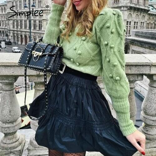 Simplee Casual turtleneck hairball women sweater Autumn winter lantern sleeve knitted sweater female Streetwear ladies pullover