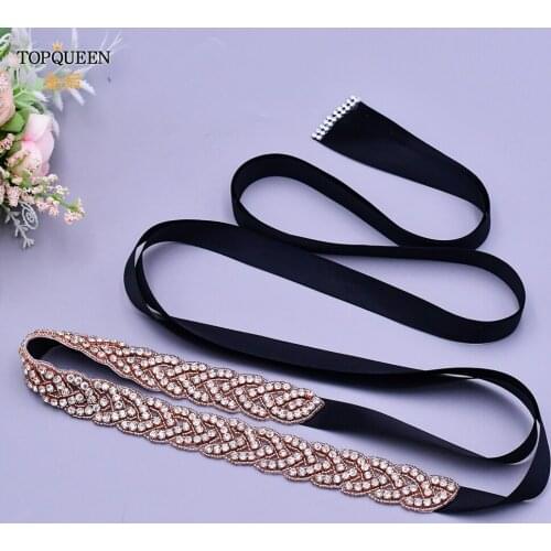 TOPQUEEN S216-RG Wedding Rhinestone Belt Rose Gold Wedding Stone Emblishment Sash Evening Party Dresses Bling Belt Jeweled Belt