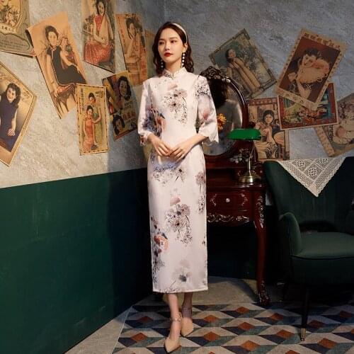 Cheongsam Chinese Dress Vintage Floral Print Qipao Women Traditional Qipao Long Robe Short Sleeve Party Dresses Sexy Cheongsam