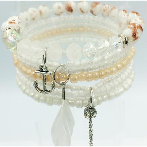 7pcs/set Vintage Boho Charm Bracelets Bangle Women rhinestone Feather Pendant elastic multilayer crystal Bead Bracelet Jewelry