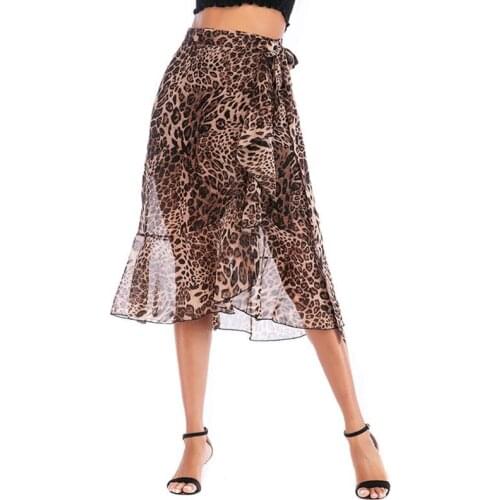 Women Summer Chiffon Leopard Self-Tie Asymmetric Ruffles A-Line Beach Midi Skirt A69C