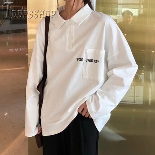 2020 Spring Korean Loose Women T Shirt Alphabet Pocket Long Sleeve Female Tee Shirts
