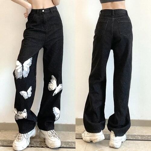 Womens Fashion Butterfly Print Draping Straight Pants Womens Pants Black
