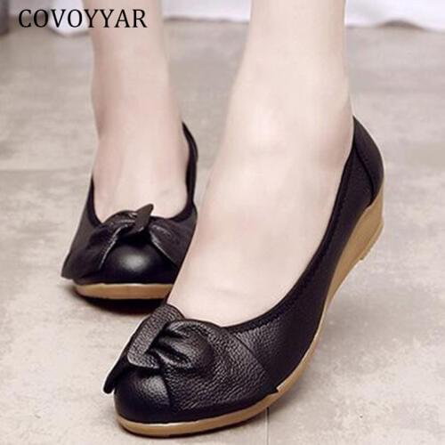 COVOYYAR 2019 Bow Wedges Women Pumps Comfort Genuine Leather High Heels Shoes Woman Autumn Slip On Round Toe Casual Shoes WHH623