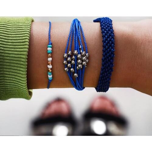 Tocona Boho Style Blue Braided Rope Bracelets Set Handmade Braided Silver Color Beads Bracelet Jewelry Gifts for Women C15509