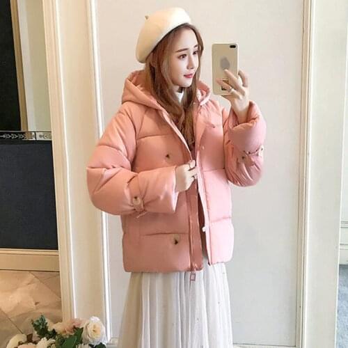 Winter Cotton Womens Down Jacket Hooded Long Sleeve Cardigan Pockets Button Loose Solid Thick Fashion Office Lady Down Jacket