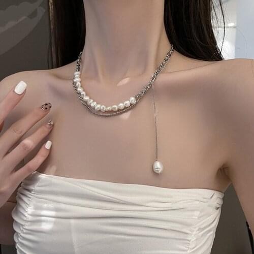 VSnow Baroque Natural Freshwater Pearl Pendant Necklaces for Women Layered Chunky Curb Chains Chokers Necklace Wedding Jewelry