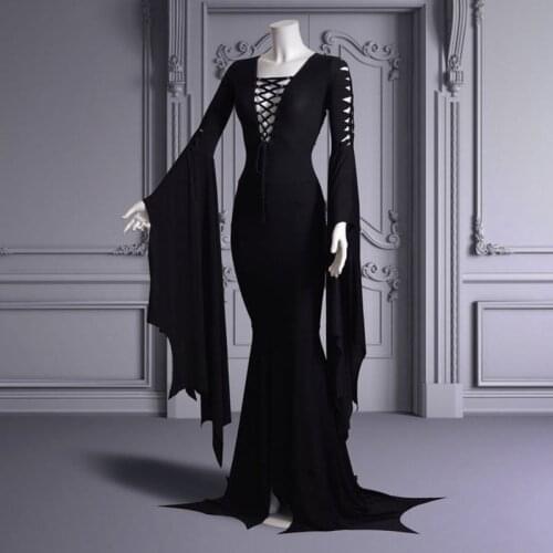 Black Halloween Witch Ghost Costume Gothic Floor Train Dress Vampire Vintage Lacing Gown Robe For Women Plus Size