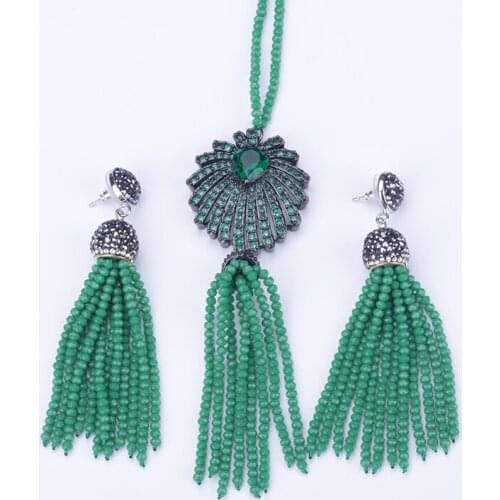 2021 Fine Jewelry Bohemia Boho Micro Paved CZ Zircon Crystal Palm Tree Charm Green Beaded Tassel Dangle Earring & Necklace Set