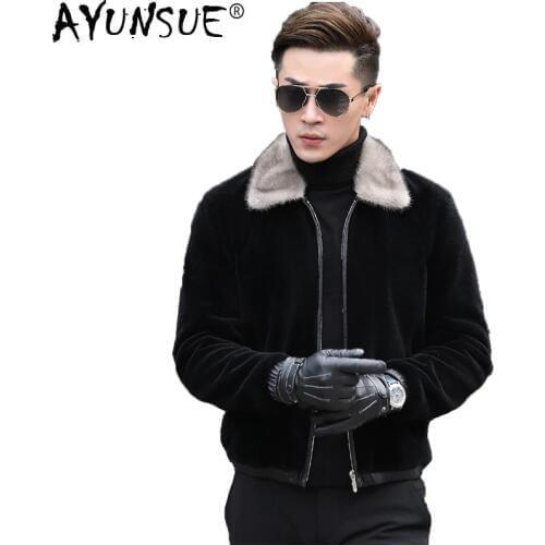 AYUNSUE Sheep Shearing Winter Real Fur Coat Men Grey Mink Fur Collar Short Mens Leather Jacket Wool Coat Plus Size L17721 KJ829