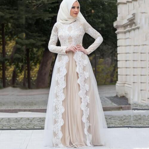 White Dubai Abaya Arabic Moroccan Caftan Kaftan A-line Wedding Dress Long Sleeve Round Neck Prom Formal Special Occasion Dresses