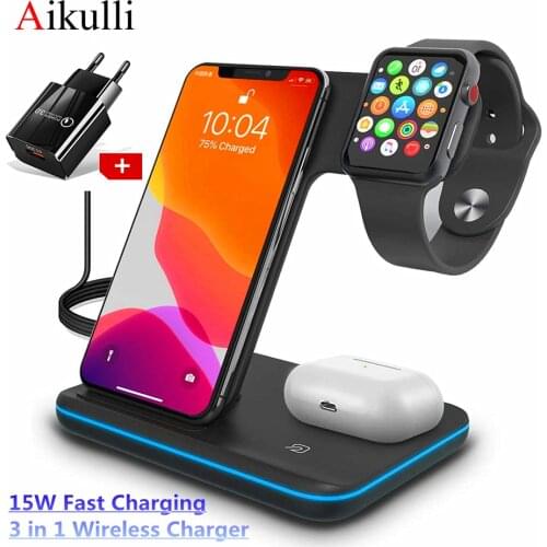 3 in 1 Qi Wireless Charger Stand 15W Fast Charging for iPhone 12 11 XS X XR 7 8 Apple Watch 6 5 4 3 2 AirPods Pro Charge Station