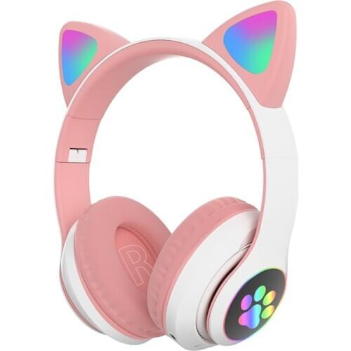 RGB Cute Cat Ear Wireless Headphones Noise Reduction Headset Bluetooth 5.0 Childrens Headset With Microphone Gift Bracelet