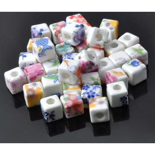 10mm 50pcs cube flower print Ceramic Beads Loose Beads Fit Jewelry Diy Spacer beads YKL0039