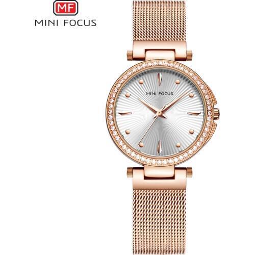 MINI FOCUS Womens Luxury Quartz Watcches Metal Strap Analogue Dress Wrist Watch for Lady Relogios Femininos Clock MF0194L Rose