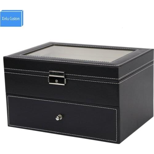 Double Layer Black PU Leather Velvet Pillow Watch Box Case 20 Grid Organizer Storage&Display Box Watch Collect Case Glass Window