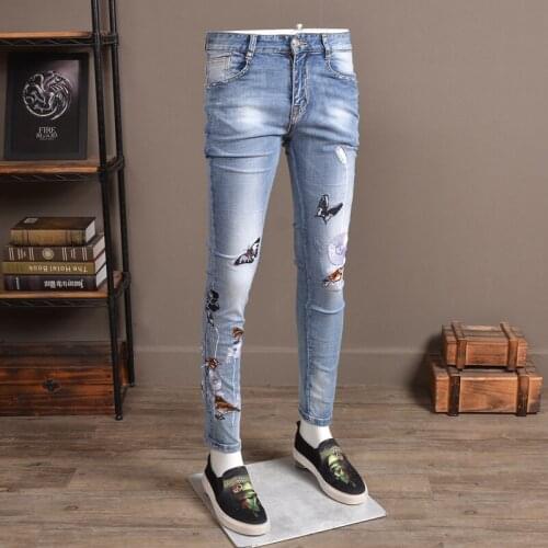 Harajuku Design Stretch Jeans Men Slim Flower Animal Embroidery Casual Denim Pencil Pants High Quality Summer Cargo Trousers