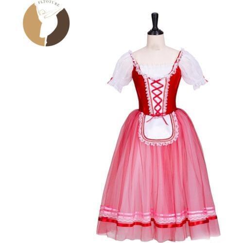 FLTOTURE AT1303 Ballerina Costumes Red Long Skirts For Girls Professional Ballet Long Dresses 5 Layers With Ribbon Giselle Skirt