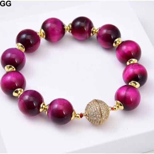 GuaiGuai Jewelry Natural Stone 14mm Round Smooth Fuchsia Tiger Eye Bracelet Gold Color Plated CZ Pave Clasp For Women