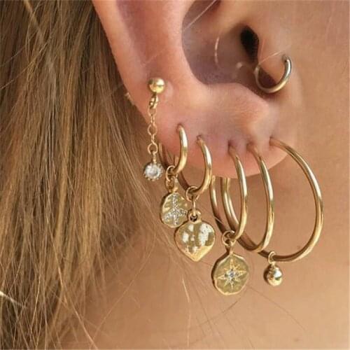 7 Pcs/set Women Gold Color Geometric Stars Crystal Heart Chain Pendant Earrings Set Fashion Party Wedding Jewelry Accessories