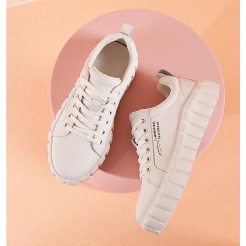 Fashion Women Sneakers Leather Thick-soled Lace Casual Off White Shoes Spring and Autumn New Flat Sneakers Womens Sports Shoes