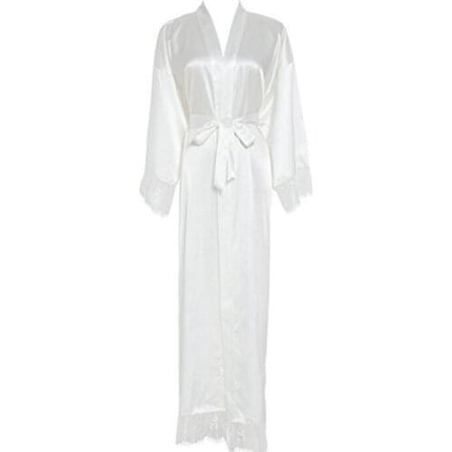 Summer Lace Patchwork Satin Kimono Robe Sexy Sleepwear Lingerie Chemises Women Silk Long Nightgown Wedding bridesmaid Robes