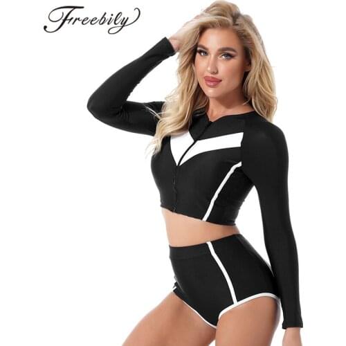 Summer Women Swimming Suit 2Pcs Swimsuit Swimwear Long Sleeve Front Zipper Pads Crop Tops and Briefs Set Bathing Suits Beachwear