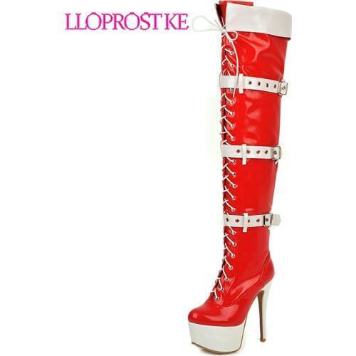Lloprost ke sexy ultra high stiletto heel platform buckle strap lace up over the knee high boots for women ladies party shoes