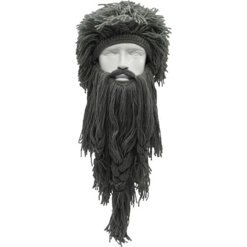 Men Women Barbarian Viking Handmade Knit Wig Hat with Detachable Long Fake Beard Funny Crazy Halloween Cosplay Warm Beanie Cap