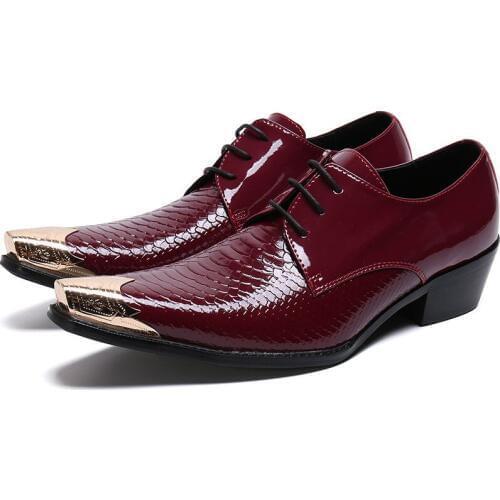 Wine red patent genuine leather male mens shoes high heels gold steel toe lace up oxford dress sapato masculino size5-13