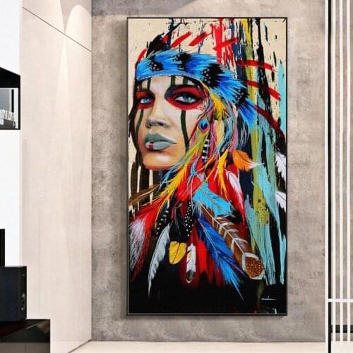 Pop Art Indian Girl Canvas Art Wall Paintings Watercolor Indian Woman With Feather Posters And Prints For Living Room Wall Decor
