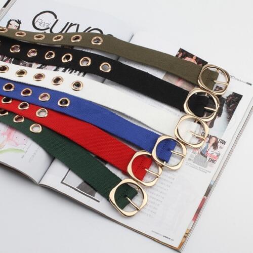 Women Street Hip Hop Canvas Belt Single-row Hole Gold Color Metal Buckle Waistband Student Trousers Waist Strap cinturon mujer