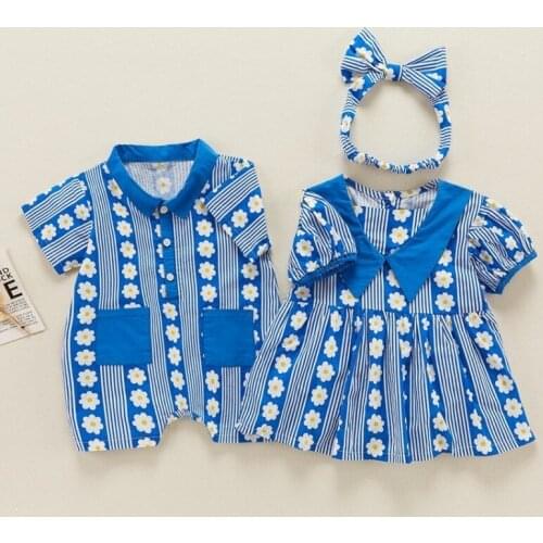 Blue plaid Floral tracksuit for babe with Accessories fashion Bodysuit Brother and Sister Outfits for Toddler Twins Newborns