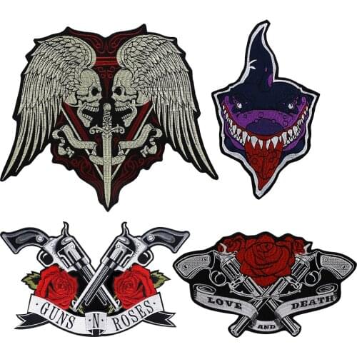 1pc Embroidery Skull Shark Patch Motorcycle Patch Biker Badge Punk Large Embroidered Iron on Patches for Clothes TH1533